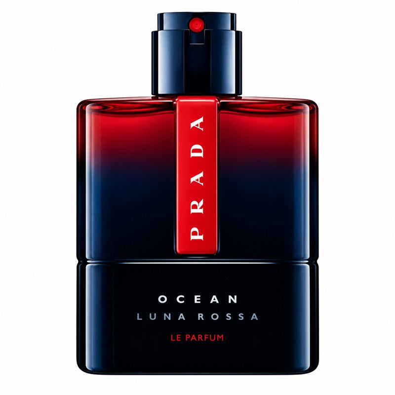Prada Ocean Luna Rossa Le Parfum bottle, featuring a dark blue to red gradient glass body with a vertical red label displaying the Prada logo, on a solid white background.