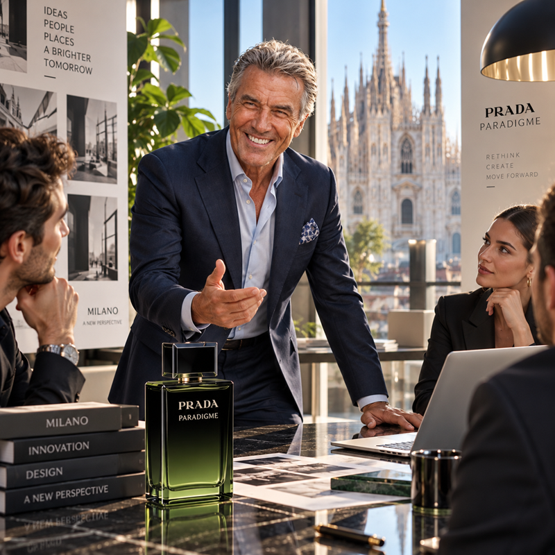 A man in a navy Prada suit stands at a table in a modern office, gesturing toward a Prada Paradigme perfume bottle on the glass tabletop. Two other people are seated at the table, and a large view of the Milan Cathedral is visible in the background.