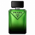 Prada Milano fragrance bottle in translucent green glass with a black cap and black printed branding on the front, centered on a white background.