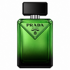 Prada Milano fragrance bottle in translucent green glass with a black cap and black printed branding on the front, centered on a white background.