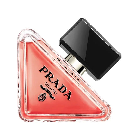 Prada perfume bottle with black cap on a white background