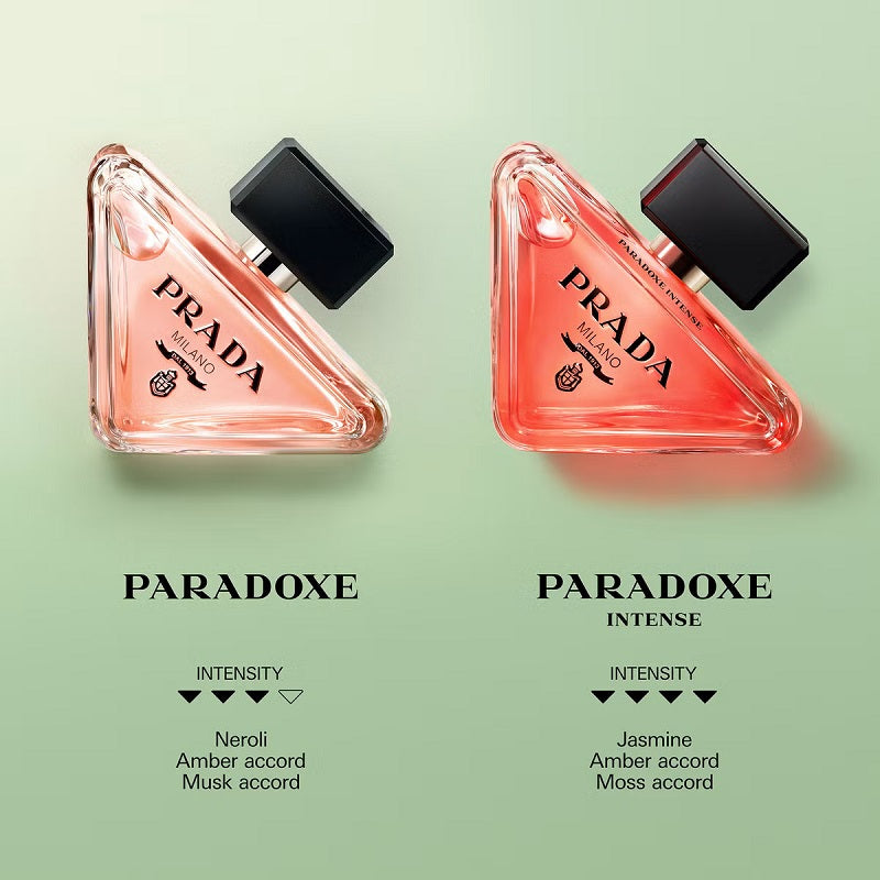 Two Prada Paradoxe perfume bottles on a light green background