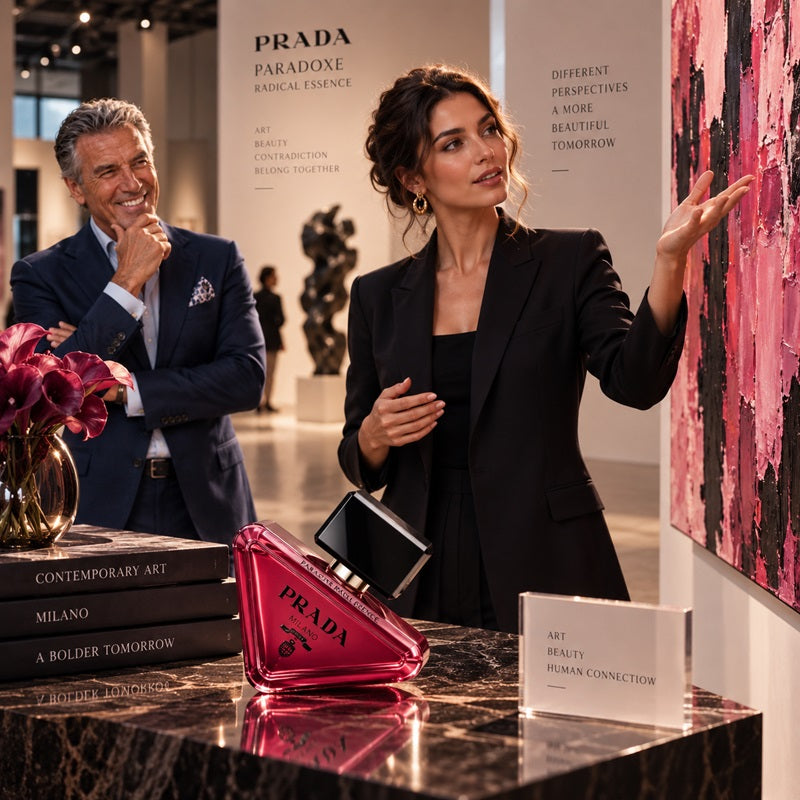 A man and a woman stand in a gallery or exhibition space beside a pink Prada sculpture and a large pink abstract artwork. The woman wears a black blazer, and the man wears a navy suit.