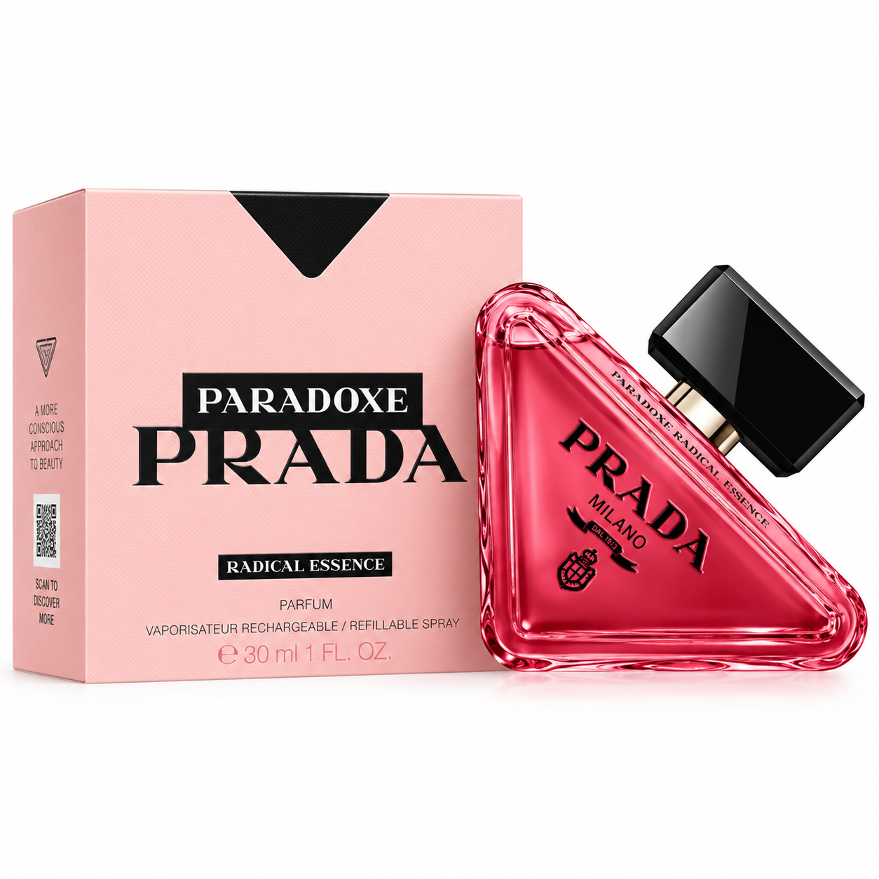 Prada Paradoxe Radical Essence perfume shown with its pink box and a triangular pink glass bottle with a black cap on a white background.