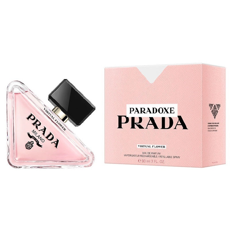 Prada Paradoxe Prada Virtum Flower Eau de Parfum 50ml bottle next to its pink packaging box on a white background.