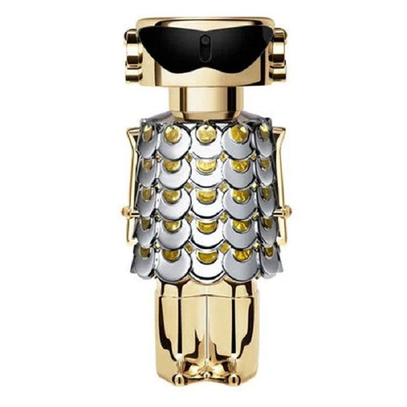 A bottle of Fame (80ml) Eau de Parfum by Paco Rabanne, featuring a design with gold and silver elements and a geometric pattern.