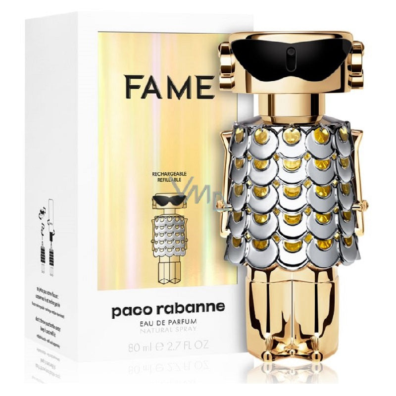 Paco Rabanne Fame Eau De Parfum product image showing the bottle with a gold and silver armorsuit design, alongside the packaging box.