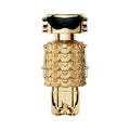 A bottle of Fame Intense Eau de Parfum by Paco Rabanne, featuring a gold-colored design with a pattern resembling scales.