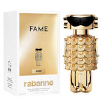 Box and Bottle Image: Fame Intense 80 ml Eau de Parfum by Rabanne – radiant gold bottle and matching box reflecting luxury, innovation, and confident style.