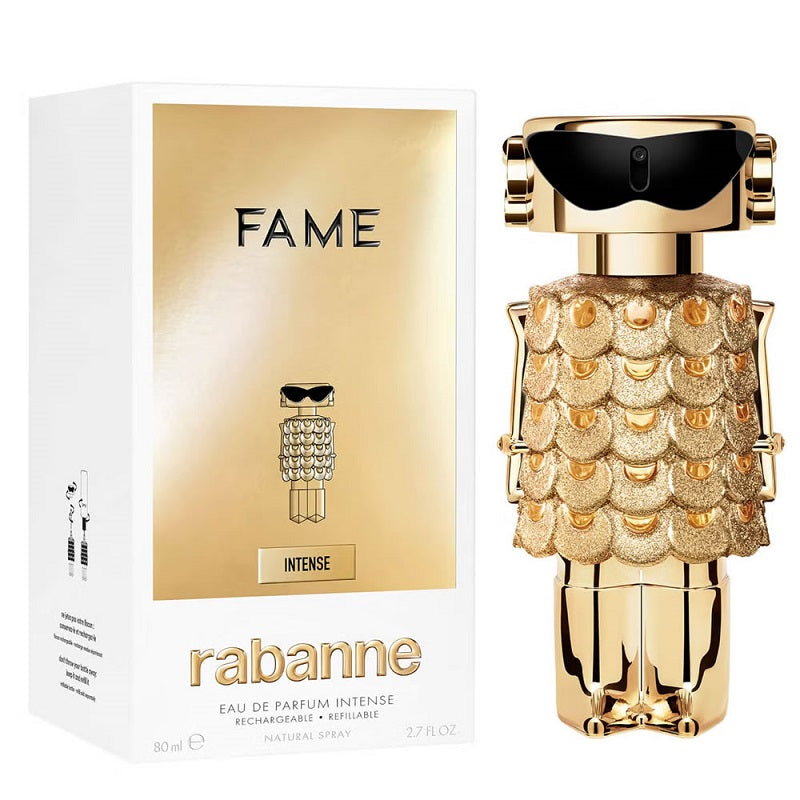 Box and Bottle Image: Fame Intense 80 ml Eau de Parfum by Rabanne – radiant gold bottle and matching box reflecting luxury, innovation, and confident style.