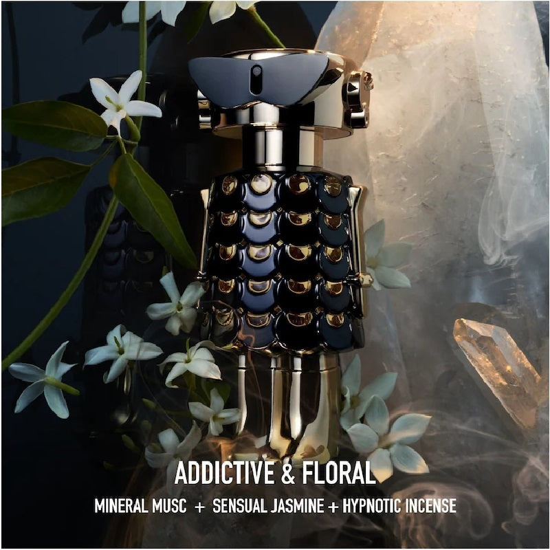 Perfume bottle with floral elements and text describing fragrance notes
