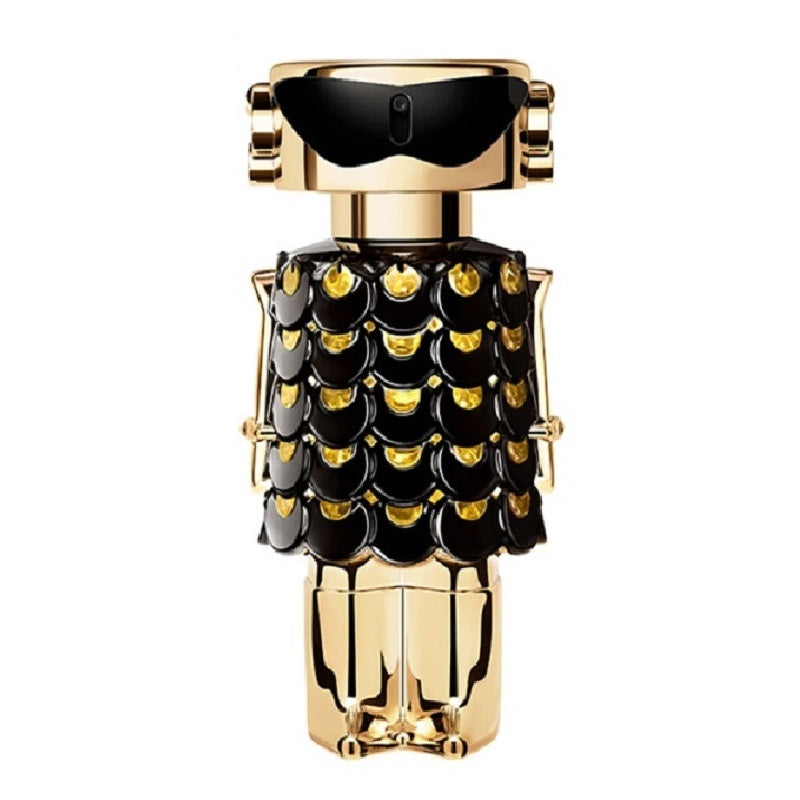 Bottle Image: Fame Parfum 80 ml by Rabanne – iconic golden robot bottle symbolising innovation, femininity, and futuristic glamour