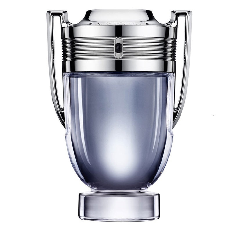 A glass bottle of Paco Rabanne Invictus Eau de Toilette with a silver-colored cap and label.