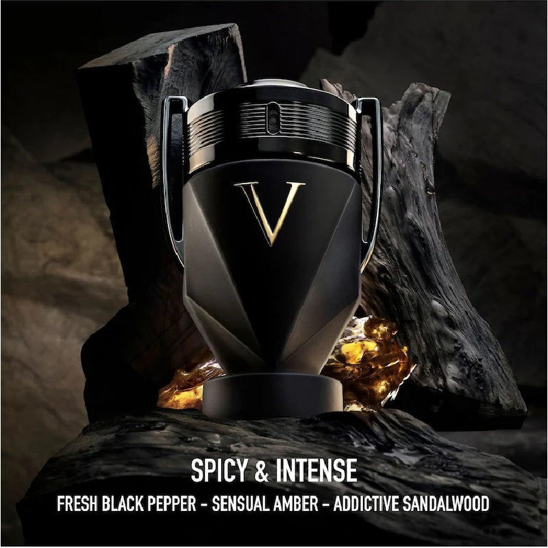 Black and gold V-shaped container with 'Spicy & Intense' description on a dark background