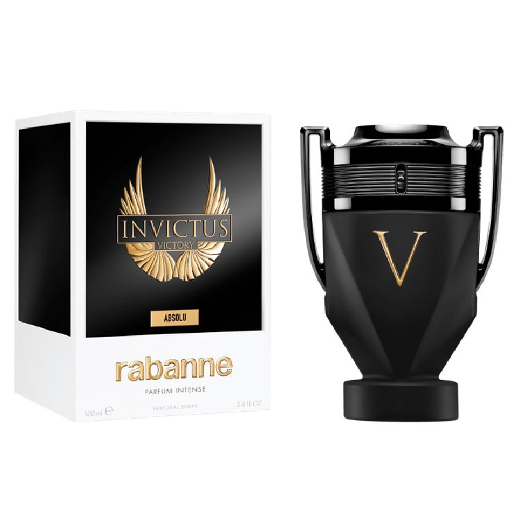 Black perfume bottle with gold accents and packaging labeled 'Invictus' by Rabanne on a white background.
