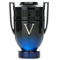 A bottle of Invictus Victory Elixer Eau de Parfum by Paco Rabanne, featuring a black and blue design with a prominent 'V' logo.