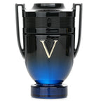A bottle of Invictus Victory Elixer Eau de Parfum by Paco Rabanne, featuring a black and blue design with a prominent 'V' logo.