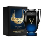 A product image featuring the Invictus Victory Elixer Intense by Paco Rabanne, with a black and blue bottle of eau de parfum and a golden box packaging.