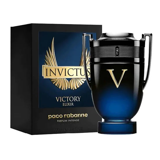 A product image featuring the Invictus Victory Elixer Intense by Paco Rabanne, with a black and blue bottle of eau de parfum and a golden box packaging.