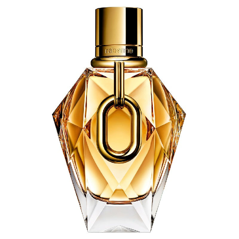Gold perfume bottle with a geometric design on a white background