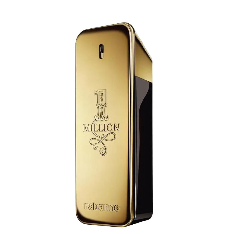 Gold and black perfume bottle with '1 Million' branding on a white background