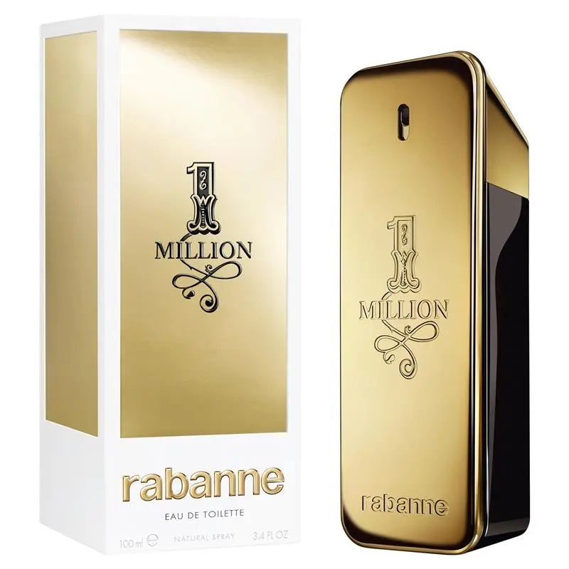 Gold '1 Million' perfume bottle and packaging by Rabanne on a white background