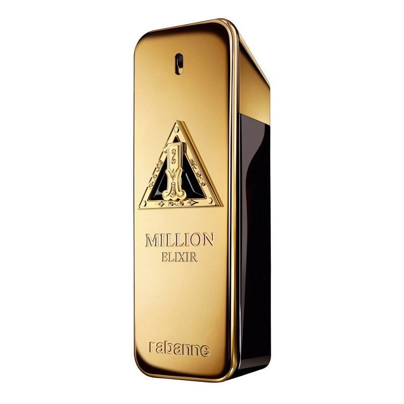 A gold-colored bottle of 'One (1) Million Elixer Intense' Eau de Parfum by Paco Rabanne with a black cap and the product name displayed prominently on the front.