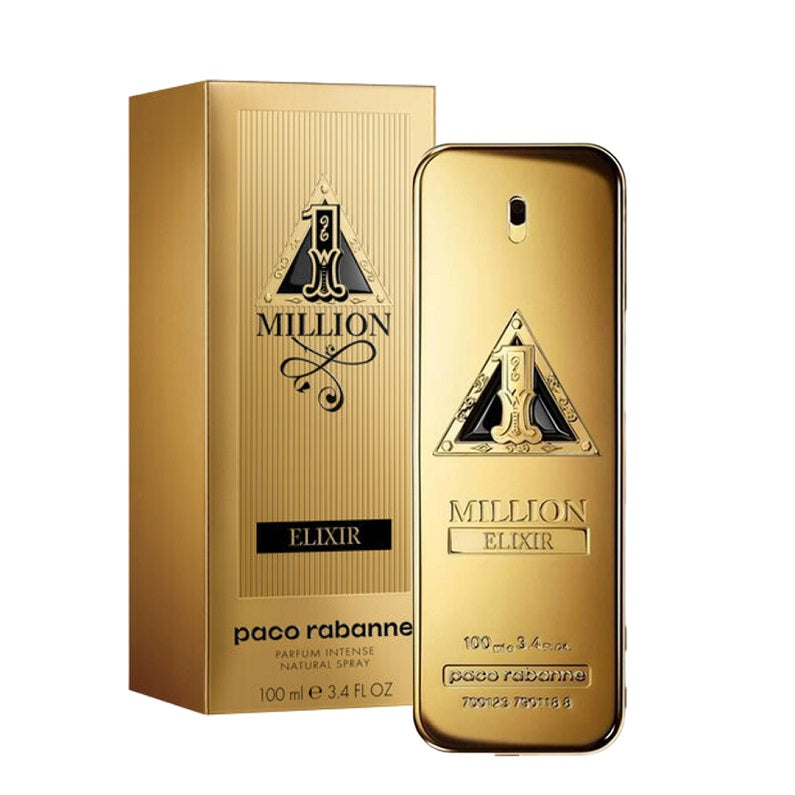 Pack Image: Rabanne One Million Elixir Intense 100ml Eau de Parfum bottle and presentation box on a white background.