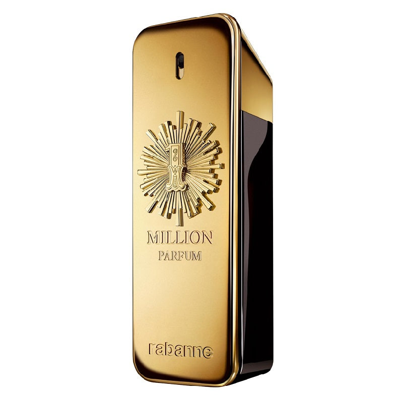 A gold-colored bottle of 'One (1) Million Parfum by Rabbane, with the brand and product name displayed on the front.