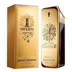 The product image shows the packaging and bottle of 'One (1) Million Parfum' by Rabbane. The packaging is gold with black and white accents, featuring an illustration of a sun and rays.