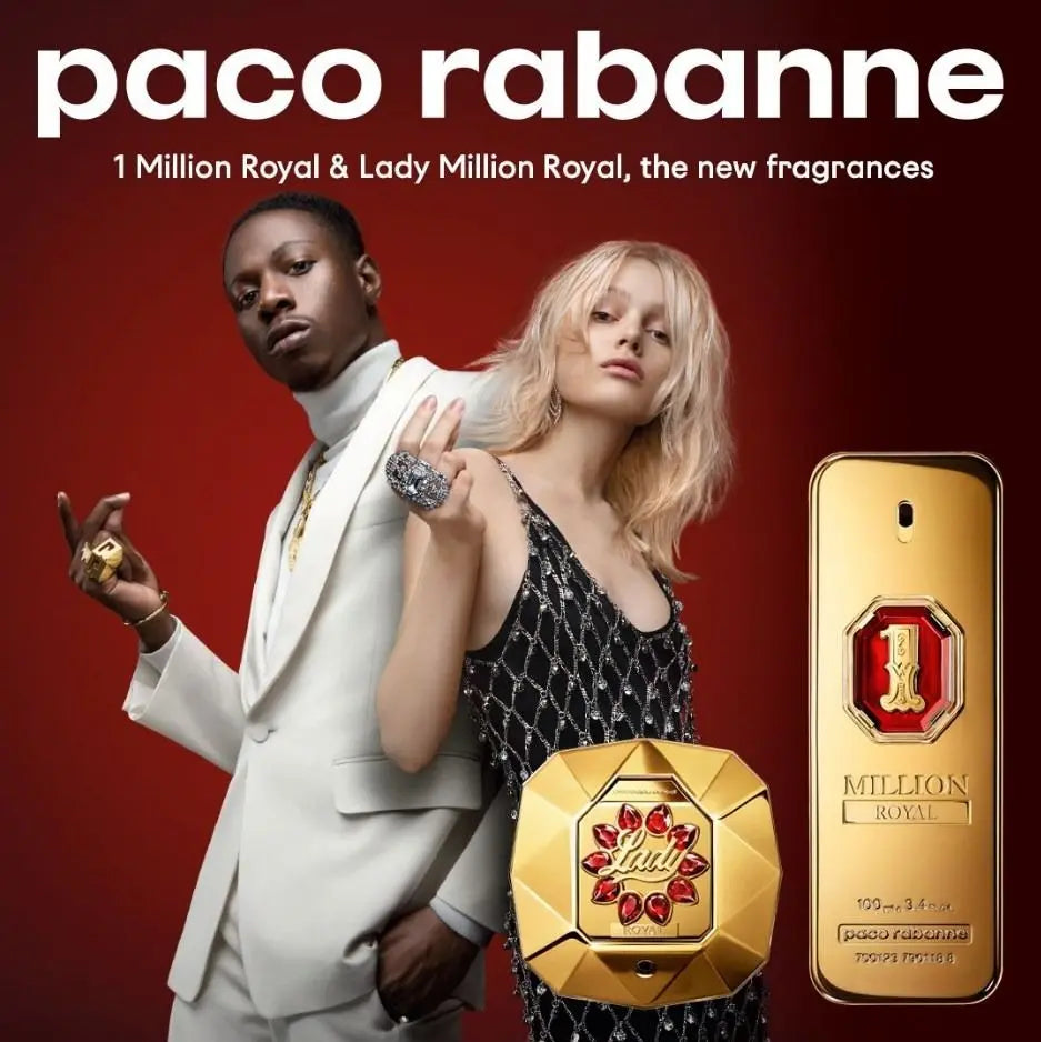 Paco Rabanne 1 Million Royal and Lady Million Royal fragrances with two models against a red background
