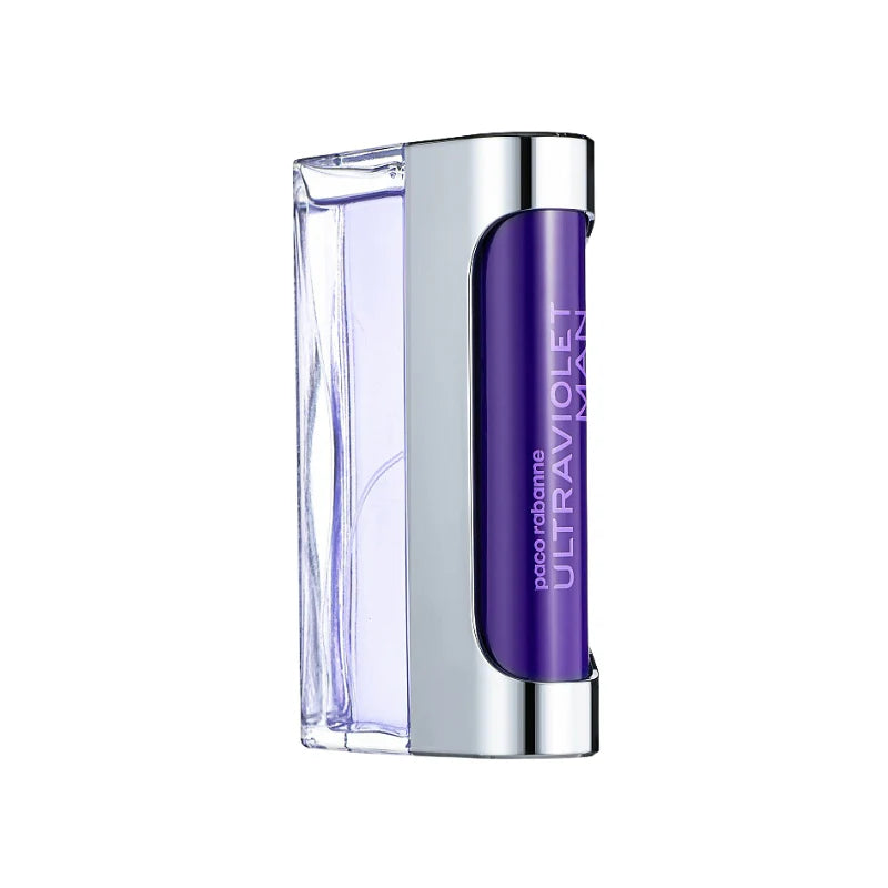 A spray bottle of Ultraviolet Man Eau de Toilette by Paco Rabanne, featuring a clear glass construction with a purple label and cap.