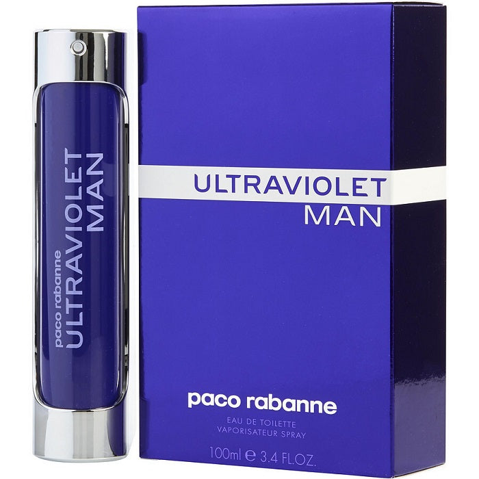 The product image shows a box and a spray bottle of 'Ultraviolet Man' eau de toilette by Paco Rabanne. The packaging is primarily blue with white text and detailing.