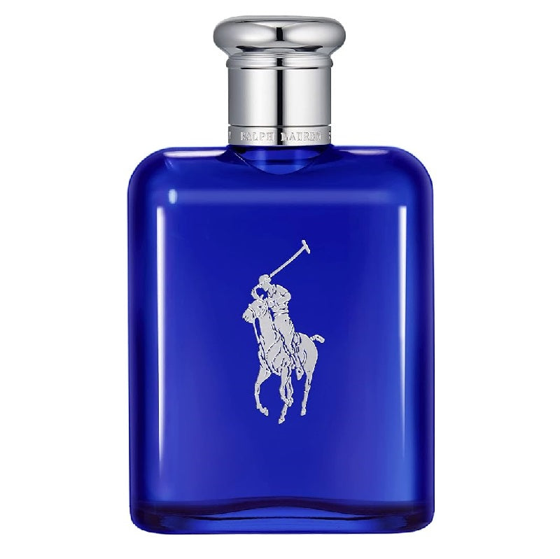 A blue glass bottle of Polo Blue Eau de Toilette by Ralph Lauren with a white cap and the brand's logo on the front.