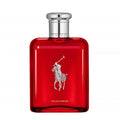 A red glass bottle of Polo Red Eau de Parfum by Ralph Lauren with a silver cap and the brand's logo on the front.