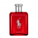 A red glass bottle of Polo Red Eau de Parfum by Ralph Lauren with a silver cap and the brand's logo on the front.