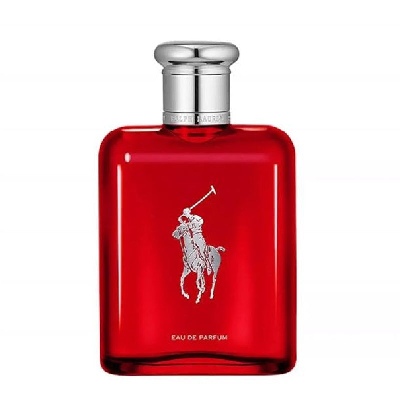 A red glass bottle of Polo Red Eau de Parfum by Ralph Lauren with a silver cap and the brand's logo on the front.