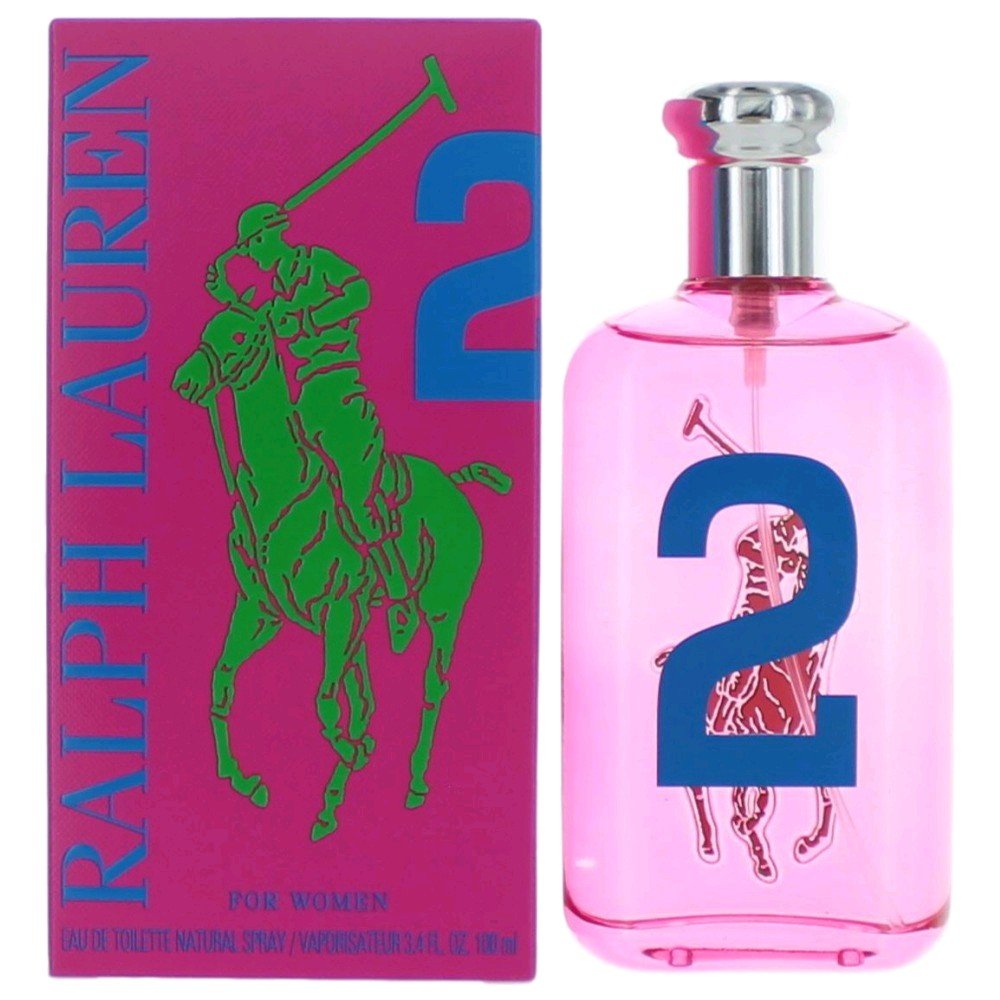 Ralph Lauren Big Pony No.2 Pink Eau de Toilette bottle and packaging, featuring a prominent pink color with a green graphic of a polo player and the number 2.