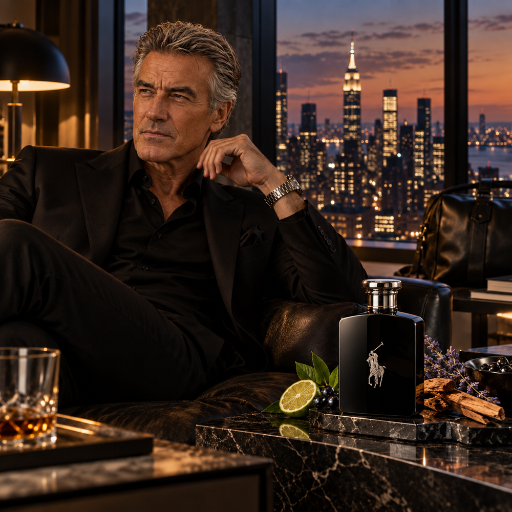 A man in a black suit reclines in a leather chair beside a marble table displaying a black bottle with a silver polo player logo, set against a warm city skyline at dusk.