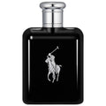 A black bottle of Polo Black Eau de Toilette by Ralph Lauren with a silver cap and the brand's logo on the front.