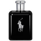 A black bottle of Polo Black Eau de Toilette by Ralph Lauren with a silver cap and the brand's logo on the front.