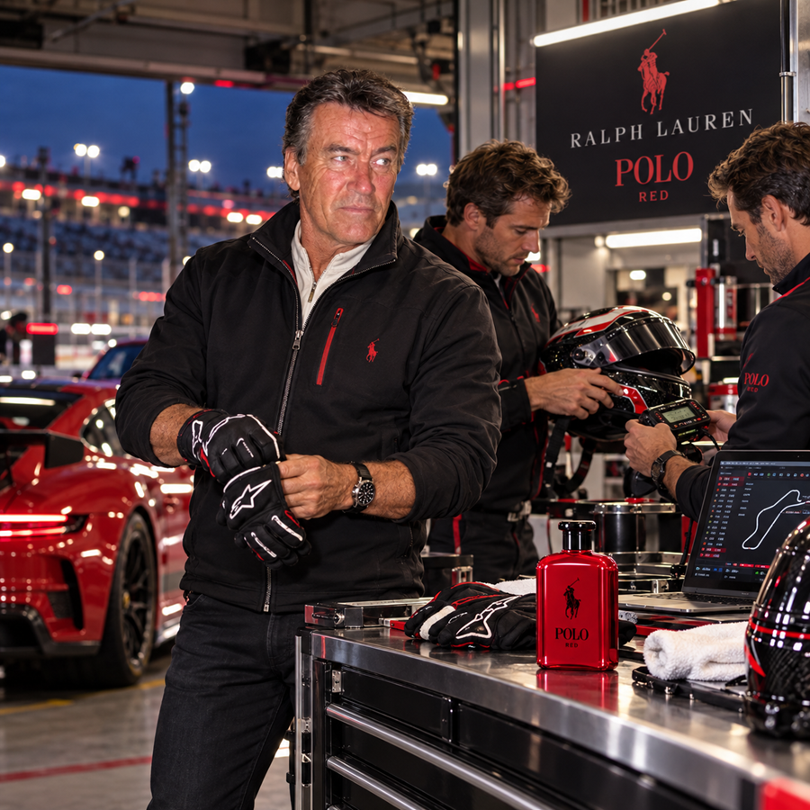 A man in a black Ralph Lauren Polo Red zip-up jacket and black-and-white gloves stands in a race garage, with another man holding a racing helmet nearby and a red Ralph Lauren Polo Red branded tin on the counter.
