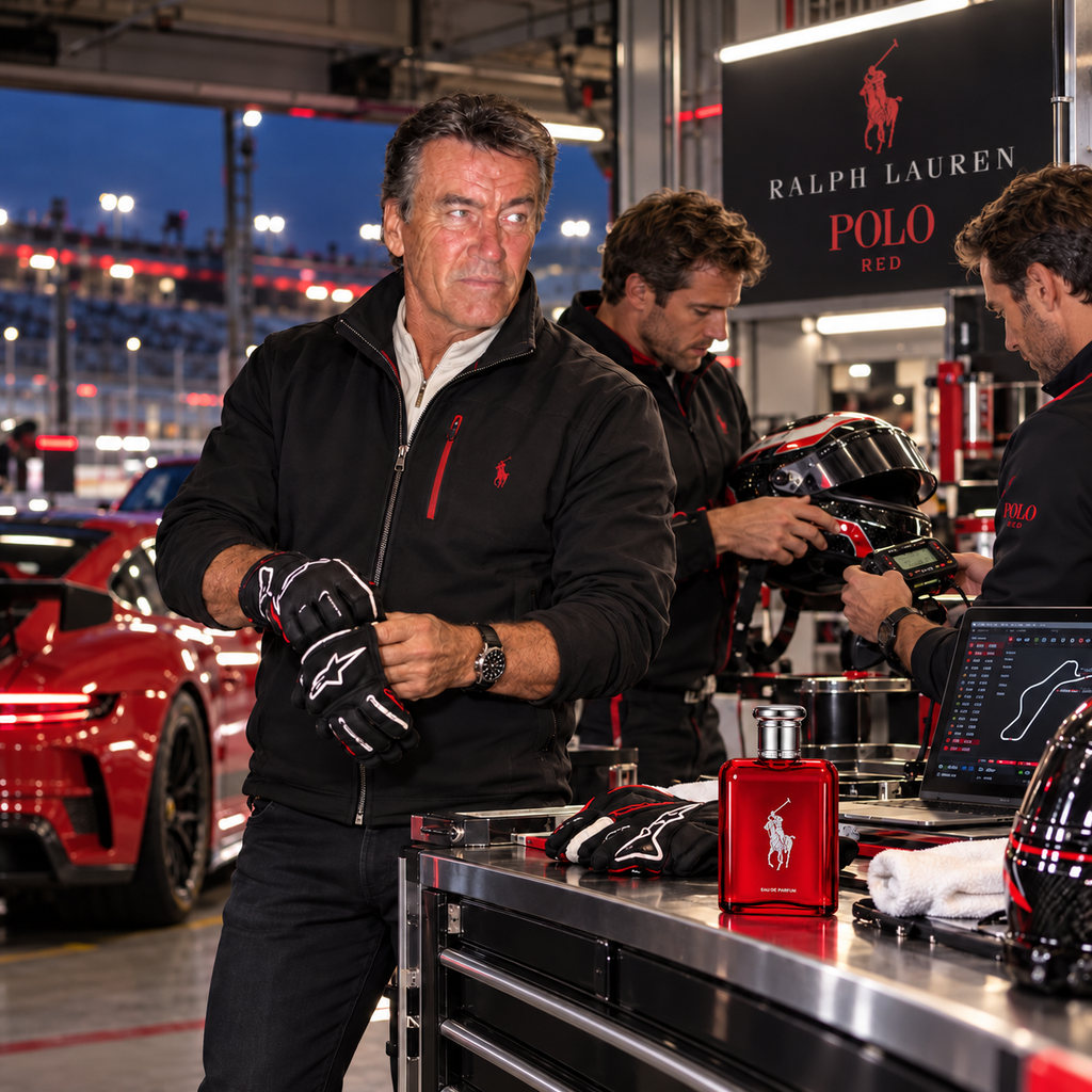 A man in a black Ralph Lauren Polo Red zip-up jacket and black-and-white Alpinestars gloves stands in a garage setting next to a red sports car, with team members and a branded Ralph Lauren Polo Red sign in the background.