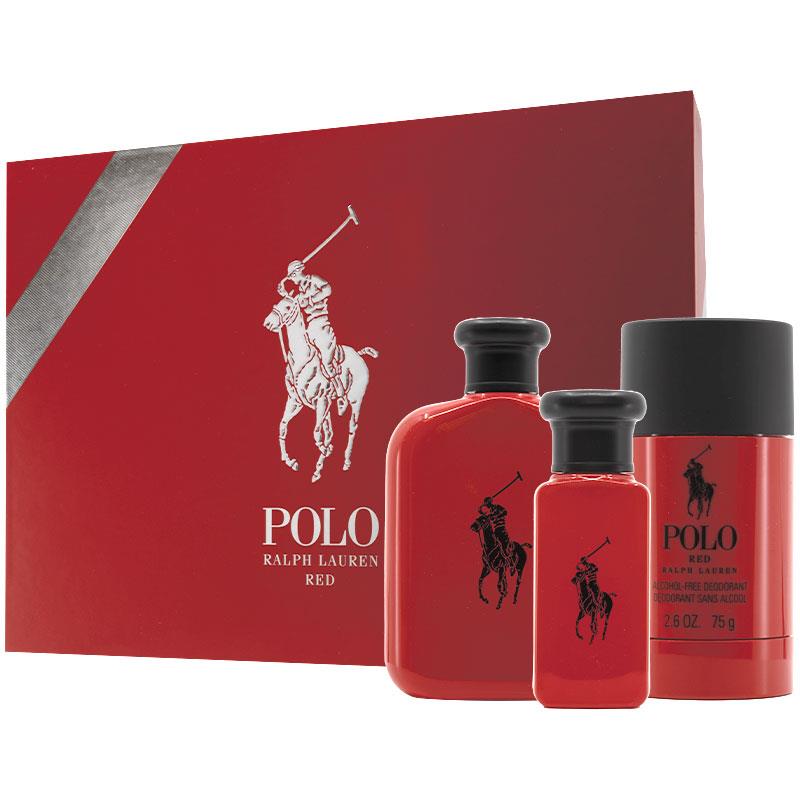 A set of Polo Red fragrance products by Ralph Lauren, including a 125ml bottle, a smaller spray bottle, and a deodorant stick, all presented in a red box with a white graphic of a polo player.