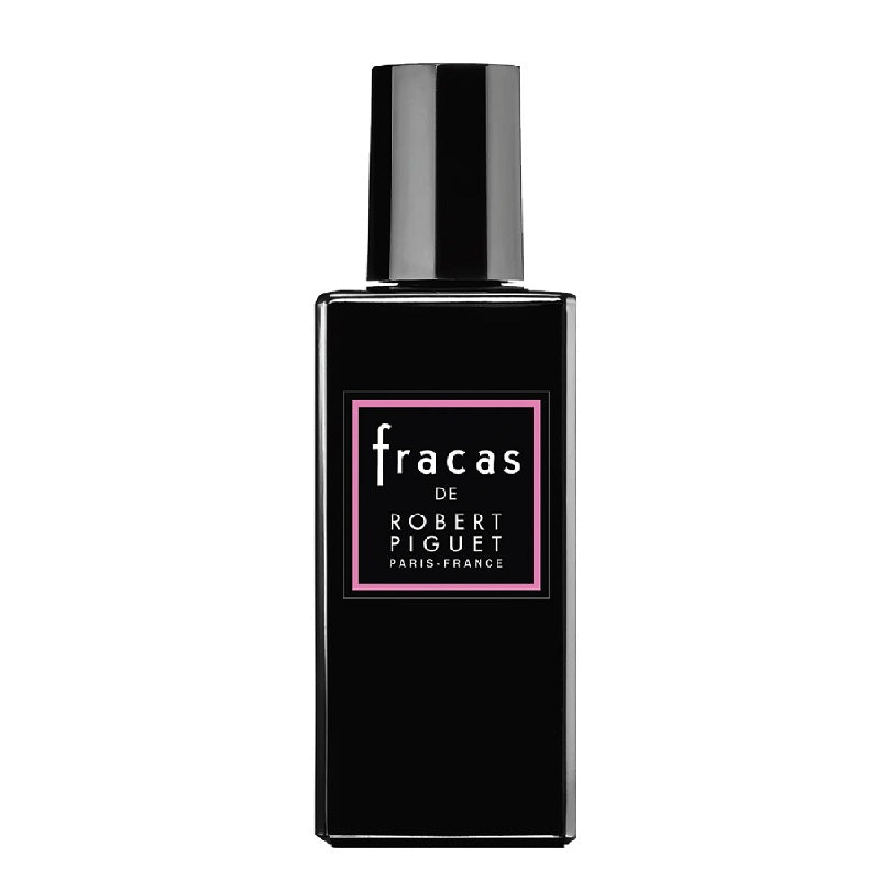 A black bottle of Fracas Eau de Parfum by Robert Piguet with a pink label.