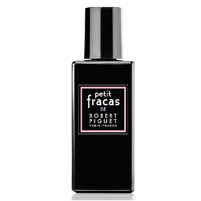 A black bottle of Petit Fracas Eau de Parfum by Robert Piguet with a simple design and a pink label.