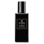 A black bottle of V Intense Eau de Parfum by Robert Piguet with a simple label design.