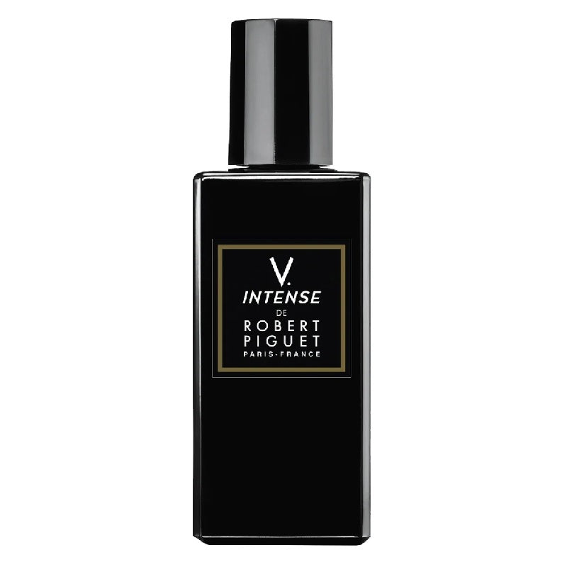 A black bottle of V Intense Eau de Parfum by Robert Piguet with a simple label design.