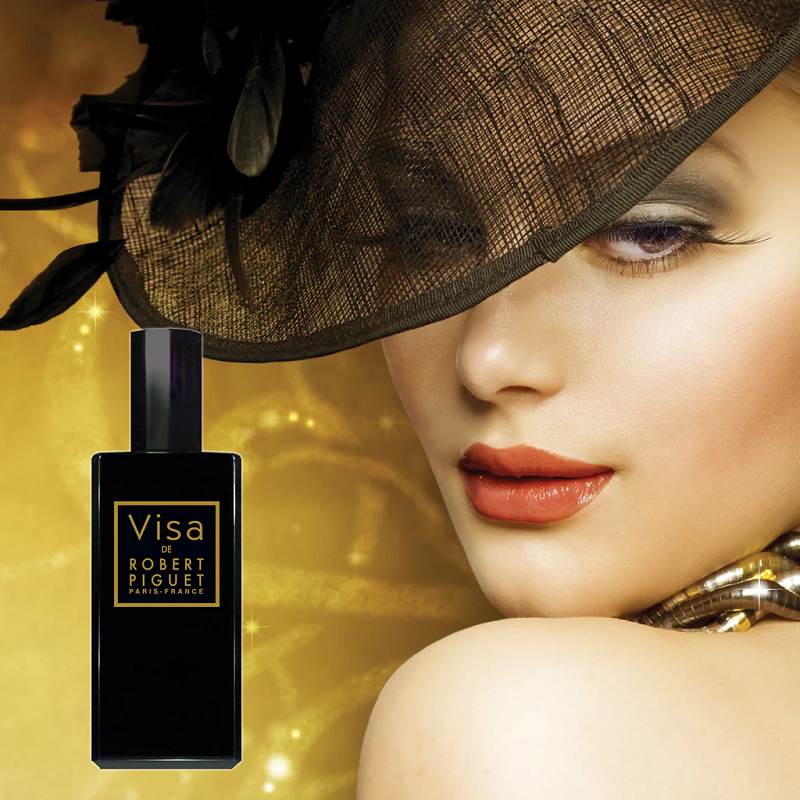 Robert Piquet Visa perfume bottle in black glass with gold lettering, shown next to a close-up of a woman wearing a black fascinator hat against a golden background.