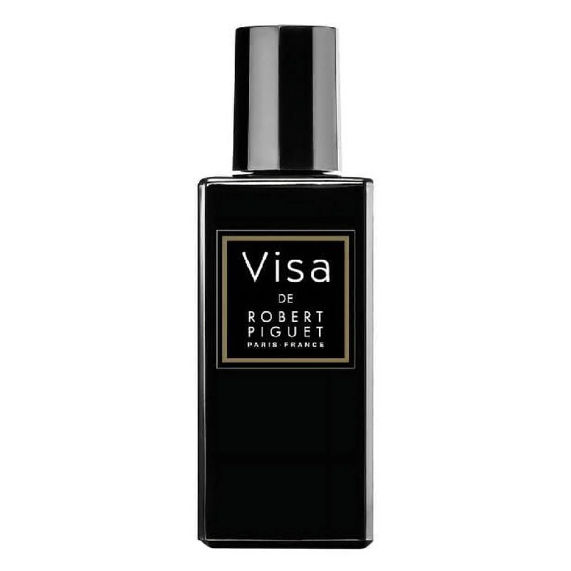 A black bottle of Visa perfume by Robert Piguet with a white label displaying the product name and brand.
